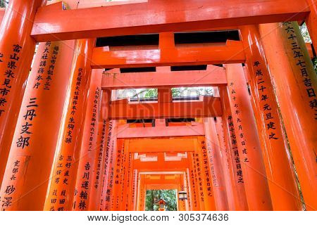 Kyoto, Japan - March. 22, 2019: Awesome And Beautiful Senbon Torii In Fushimi Inari Taisha Shrine Te