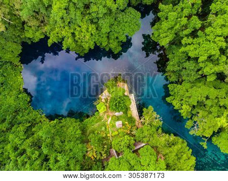 Drone view of Matevulu Blue Hole, Espiritu Santa Island, Vanuatu, famous tourist destination