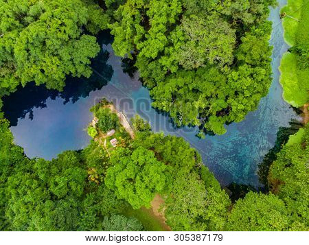 Drone view of Matevulu Blue Hole, Espiritu Santa Island, Vanuatu, famous tourist destination