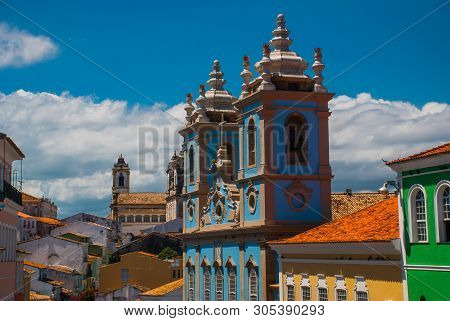 Historic City Center Of Pelourinho Features Brightly Lit Skyline Of Colonial Architecture On A Broad