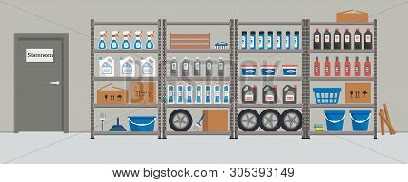 Storeroom. Shelving With Household Goods. Warehouse Racks. There Are Cardboard Boxes, Buckets, Brush