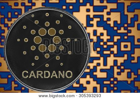 Cardano Ada Coin Cryptocurrency On The Background Of Crypto Code