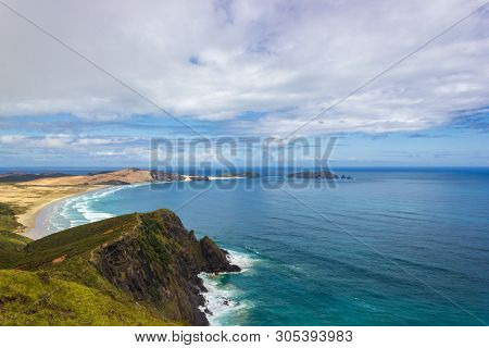 View Of Cape Maria Van Diamen And Te Werahi Beach By Cape Reinga, North Island Of New Zealand