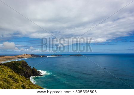 View Of Cape Maria Van Diamen And Te Werahi Beach By Cape Reinga, North Island Of New Zealand