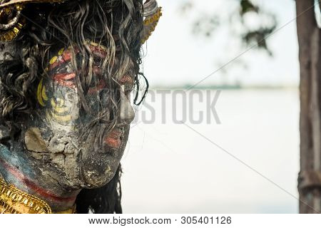 A Devi Maa Durga Sadly Looks Down With Tousled Hair While Tears Flow The Eyes During Durga Maa Visar