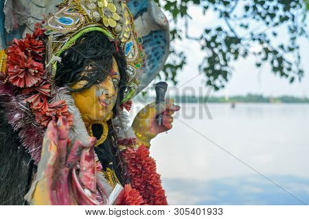 A Devi Maa Durga Sadly Looks Down With Tousled Hair While Tears Flow The Eyes During Durga Maa Visar