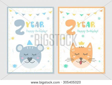 Set Of Kids Doodles Postcard With Bear And Cat. Happy Birthday Cards.
