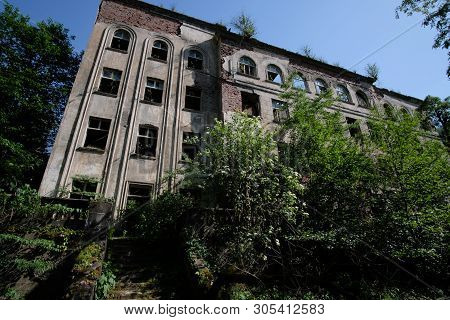 Ruined Overgrown School In Ghost Mining Town, Consequences Of War In Abkhazia, Green Post-apocalypti