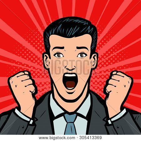 Businessman With Open Mouth In Amazement. Business Concept In Pop Art Retro Comic Style. Cartoon Vec
