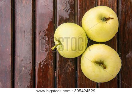 Three Golden Green Apples Of Beliy Naliv Variety On Brown Wet Natural Old Wooden Table Surface. Ripe