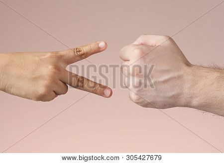 Scissors Paper Rock Game. Scissors And Rock Hands Isolated. Game Win Or Lose Concept.