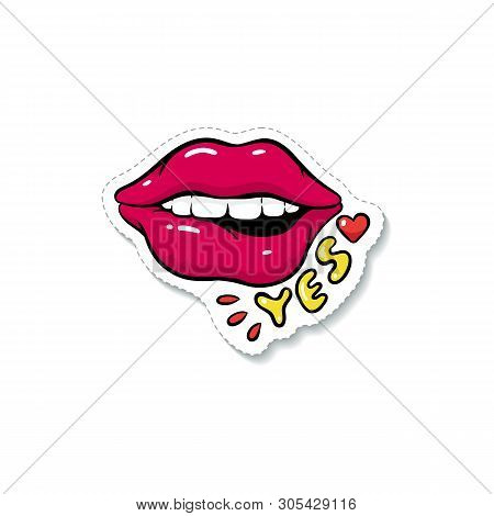 Sticker Of Female Sexy Glossy Lips In Red Lipstick And Mouth With White Teet.