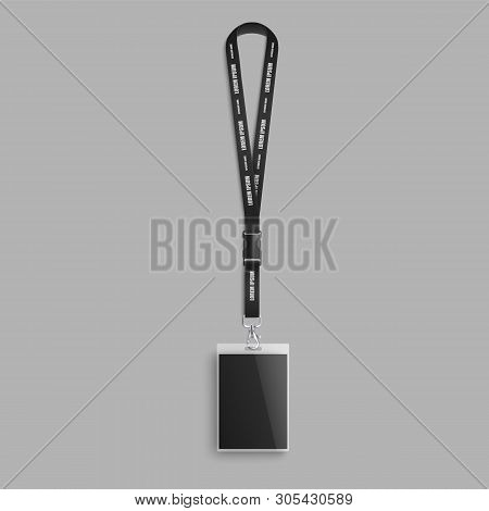 Realistic Lanyard With Blank Id Card On Black Neck Strap, Event Pass Or Identification Badge Mockup 