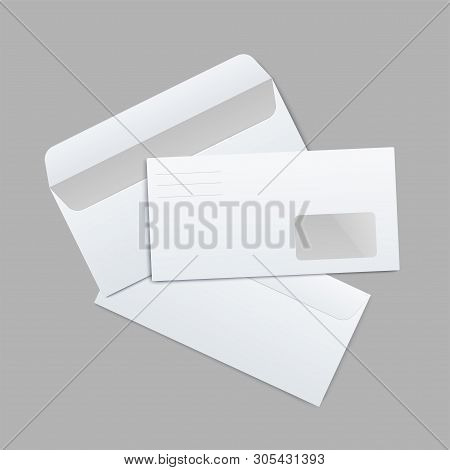 Mockup Of Three Paper White Dl Envelopes Lying On Each Other Realistic Style