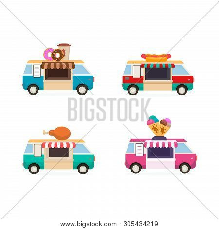 Food Truck Flat Collection. Cartoon Street Fast Food Restaurant.