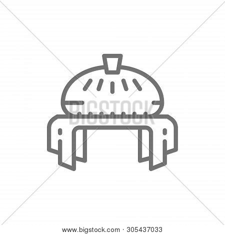 Traditional Ukrainian Wedding Bread, Embroidered Ethnic Towel Line Icon.