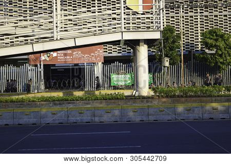 Jakarta, Indonesia, June 9 2019 : Modern Pedestrian Bridge Across The Road At M. H Thamrin Street In