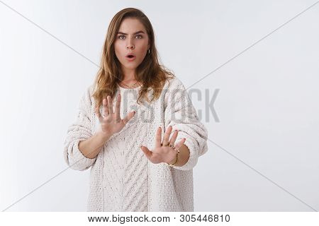 Wow Slow Down Take Easy Relax I Just Joking. Portrait Intense Worried Woman Trying Calm Pissed Angry