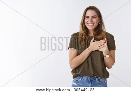 Heart Pounds Crazy Love In Air. Portrait Carefree Charming Friendly-looking Happy Caucasian Woman Pr