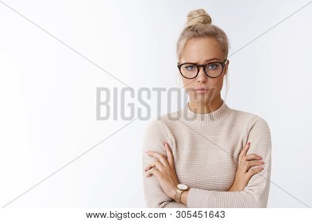 Woman Showing Disbelief Looking Suspicious Not Believing Single Word Crossing Arms Over Chest Doubtf
