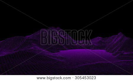 Vector Wireframe 3D Landscape. Technology Grid Illustration.