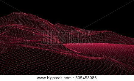 Vector Wireframe 3D Landscape. Technology Grid Illustration.