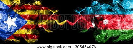 Catalonia Vs Azerbaijan, Azerbaijani Smoke Flags Placed Side By Side. Thick Colored Silky Smoke Flag