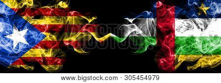 Catalonia Vs Central African Republic Smoke Flags Placed Side By Side. Thick Colored Silky Smoke Fla
