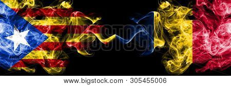 Catalonia Vs Chad, Chadian Smoke Flags Placed Side By Side. Thick Colored Silky Smoke Flags Of Catal