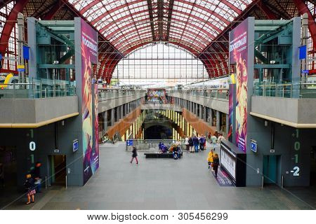 Antwerp, Belgium, May 2019,  Upper Level Of The Antwerpen Central Railway Station In Antwerp Belgian