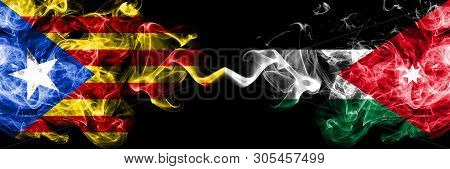 Catalonia Vs Jordan, Jordanian Smoke Flags Placed Side By Side. Thick Colored Silky Smoke Flags Of C