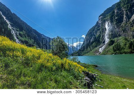 Summer Alpine Landscape With Mountain Lake. Stillup, Stillup Lake, Austria, Tirol