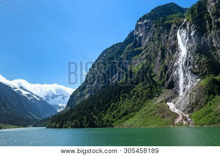 Waterfall Mountain Lake Green Photo Taked At  Stillup Lake, Austria, Tyrol