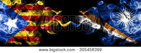Catalonia Vs Marshall Islands Smoke Flags Placed Side By Side. Thick Colored Silky Smoke Flags Of Ca
