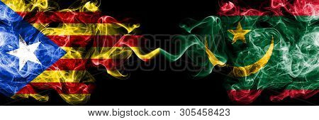 Catalonia Vs Mauritania, Mauritanian Smoke Flags Placed Side By Side. Thick Colored Silky Smoke Flag