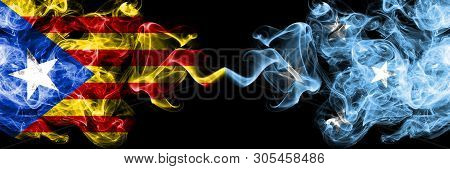 Catalonia Vs Micronesia, Micronesian Smoke Flags Placed Side By Side. Thick Colored Silky Smoke Flag