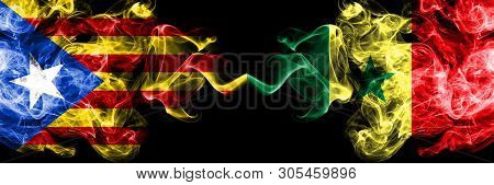 Catalonia Vs Senegal, Senegalese Smoke Flags Placed Side By Side. Thick Colored Silky Smoke Flags Of