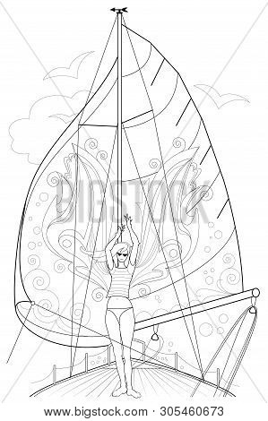 Black And White Page For Coloring. Fantasy Drawing Of Beautiful Fairy Dancing Tango On A Board Of Sa