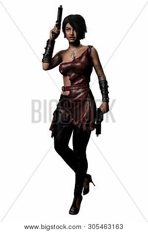 Urban Fantasy African-american Woman With Gun Raised, 3d Rendering, 3d Illustration