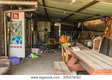 Okcheon, South Korea; May 6, 2019: Interior Of Business At Fishing Resort That Has Been Abandoned Af