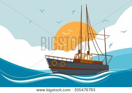 Boat Floating In Sea. Yacht On Ocean Waves. Illustration