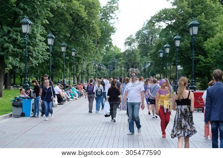 Moscow, Russia - May, 20, 2019: pedestrians in Aleksandrovskiy sad (Aleksandr garden) in Moscow 