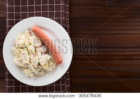 Fresh Homemade German Kartoffelsalat Potato Salad Made Of Potato, Onion, Pickle And Mayonnaise, Serv