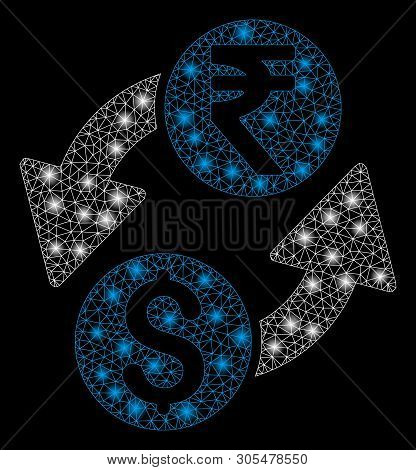 Bright Mesh Dollar Rupee Exchange With Glow Effect. Abstract Illuminated Model Of Dollar Rupee Excha