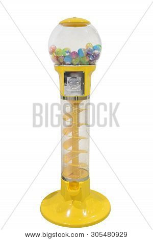 Toy Vending Machines Or Antique Petite Gumball Machine On White Background With Clipping Path.