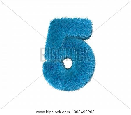Nice Blue Hairy Font Isolated On White - Number 5, Childhood Concept 3d Illustration Of Symbols