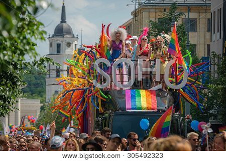 Vilnius, Lithuania - June 8Th, 2019: Soho Bus With Drag Queens At Baltic Pride Event, Men Dressed As