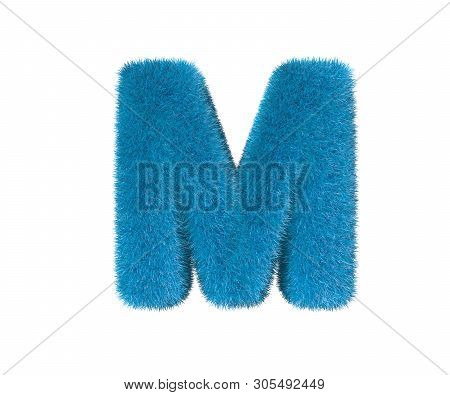 Letter M Of Blue Ridiculous Hairy Font Isolated On White Background, Kids Concept 3d Illustration Of