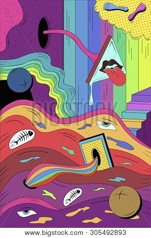 Psychedelic Poster In A Retro Style. Template For Cards, Stickers, Baners, Posters, Web, Social Medi