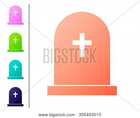 Coral Tombstone With Cross Icon Isolated On White Background. Grave Icon. Set Icon In Color Buttons.
